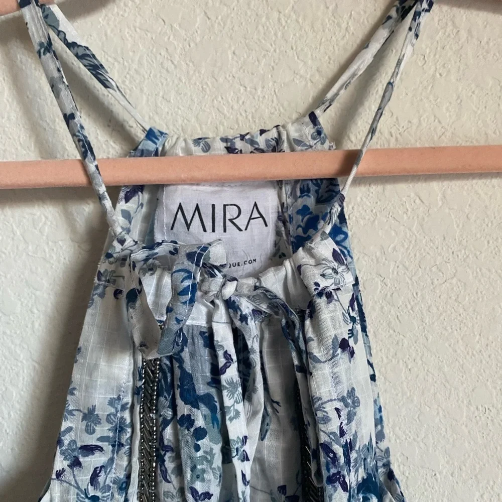 MIRA PIERINA FLORAL SILVER EMBROIDERY TASSEL TIE SHORT BOHO BEACH DRESS SIZE M